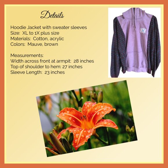 Upcycled Patchwork Hoodie, Sweater Sleeves, XL: Mauve Sweatshirt Jacket, Tribal - Picture 3 of 12